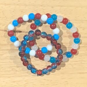 Handcrafted Red White Blue Patriotic Glass Bead Stretch Bracelet Set 3pc New